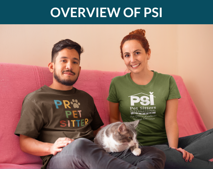 Two pet sitters sit on a couch with a cat.